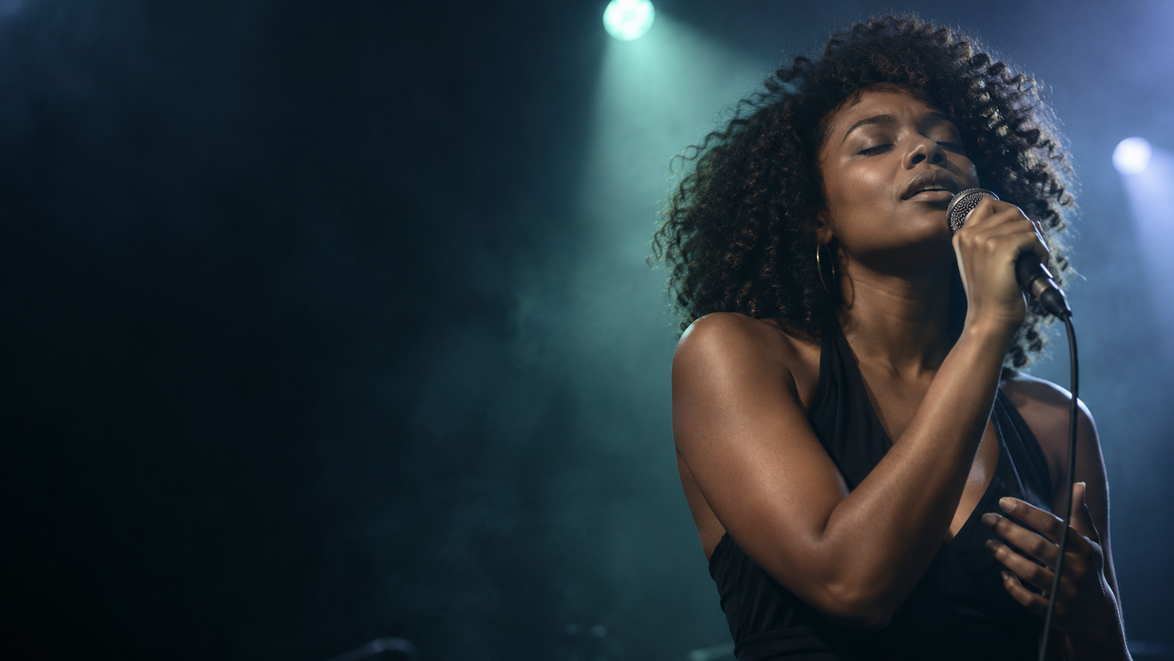 A singer finding her voice at a microphone in teal-lit rehearsal space